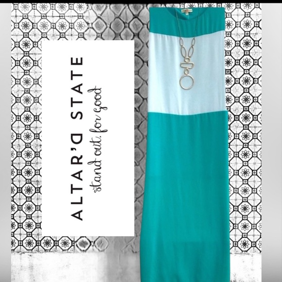 ALTAR’D STATE Maxi Silk Dress Jade Green White Color Block Lined Size Large - Picture 1 of 13